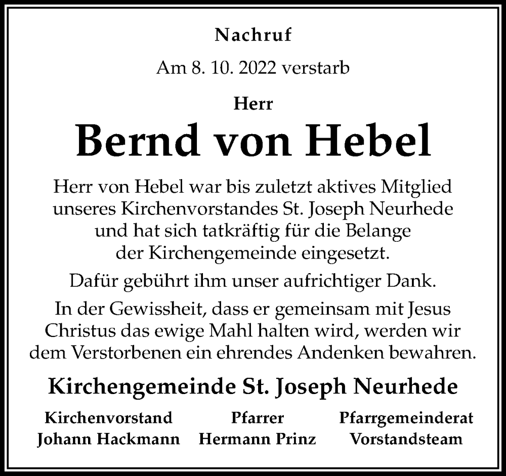  Traueranzeige für Bernd von Hebel vom 20.10.2022 aus Neue Osnabrücker Zeitung GmbH & Co. KG