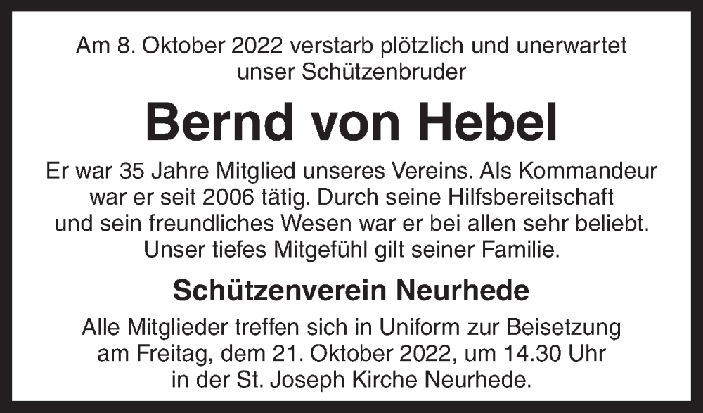  Traueranzeige für Bernd von Hebel vom 20.10.2022 aus Neue Osnabrücker Zeitung GmbH & Co. KG