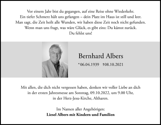 Traueranzeige von Bernhard Albers von Neue Osnabrücker Zeitung GmbH & Co. KG