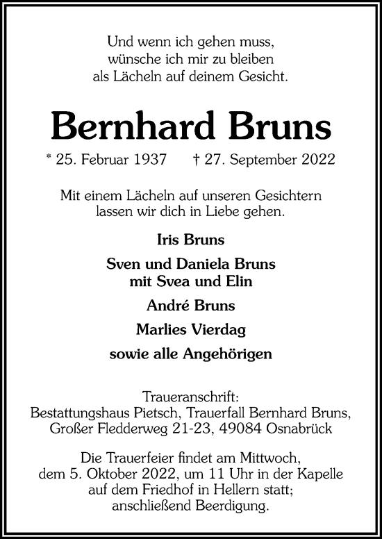 Traueranzeige von Bernhard Bruns von Neue Osnabrücker Zeitung GmbH & Co. KG