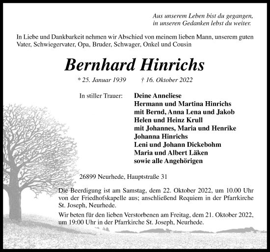 Traueranzeige von Bernhard Hinrichs von Neue Osnabrücker Zeitung GmbH & Co. KG