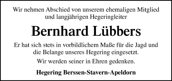 Traueranzeige von Bernhard Lübbers von Neue Osnabrücker Zeitung GmbH & Co. KG