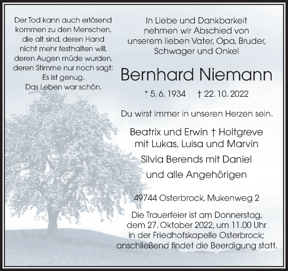  Traueranzeige für Bernhard Niemann vom 25.10.2022 aus Neue Osnabrücker Zeitung GmbH & Co. KG