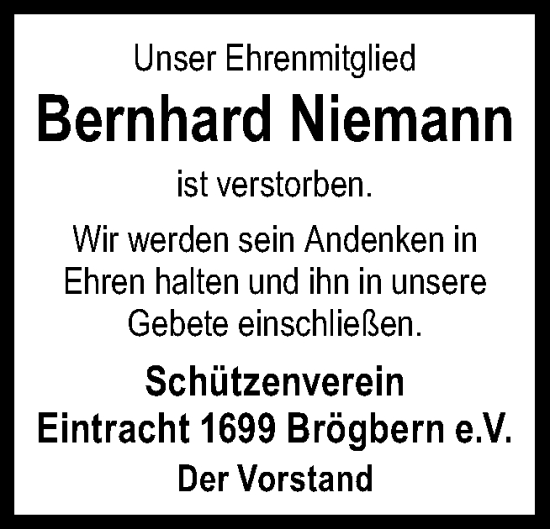 Traueranzeige von Bernhard Niemann von Neue Osnabrücker Zeitung GmbH & Co. KG