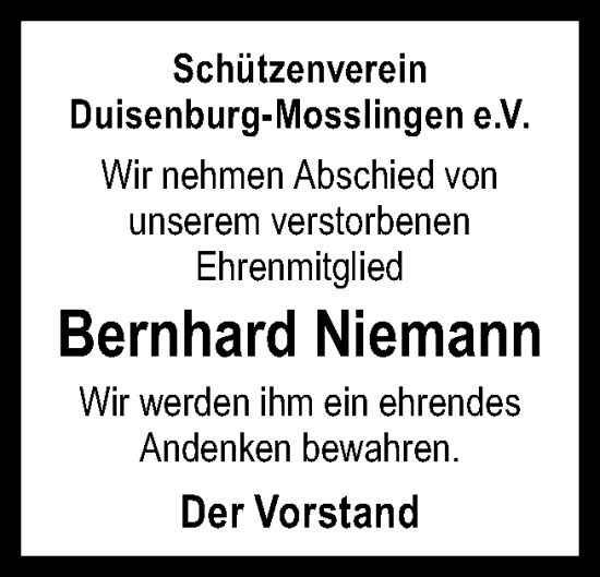 Traueranzeige von Bernhard Niemann von Neue Osnabrücker Zeitung GmbH & Co. KG