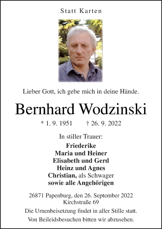 Traueranzeige von Bernhard Wodzinski von Neue Osnabrücker Zeitung GmbH & Co. KG