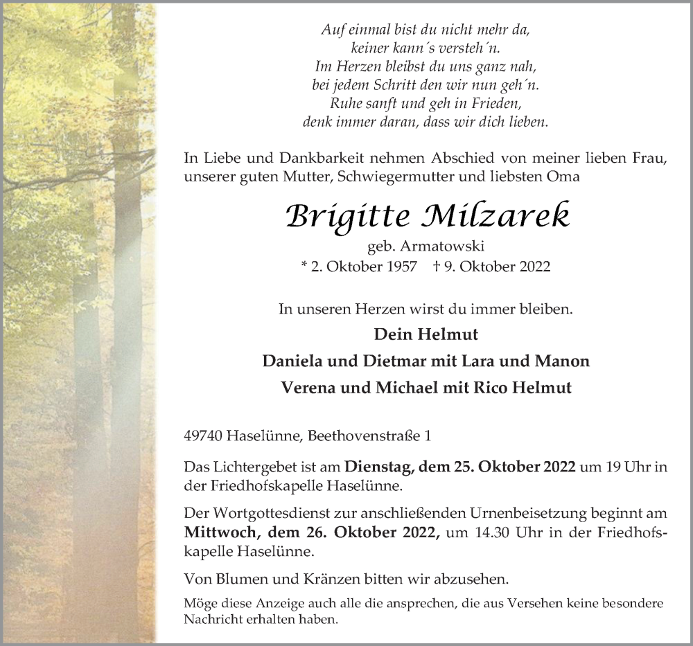  Traueranzeige für Brigitte Milzarek vom 15.10.2022 aus Neue Osnabrücker Zeitung GmbH & Co. KG