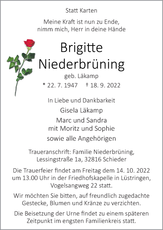 Traueranzeige von Brigitte Niederbrüning von Neue Osnabrücker Zeitung GmbH & Co. KG