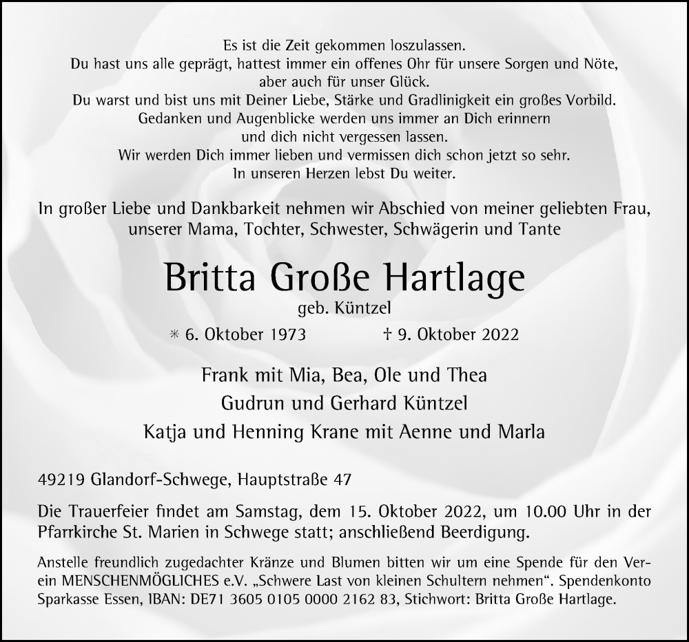  Traueranzeige für Britta Große Hartlage vom 12.10.2022 aus Neue Osnabrücker Zeitung GmbH & Co. KG