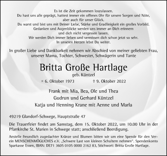 Traueranzeige von Britta Große Hartlage von Neue Osnabrücker Zeitung GmbH & Co. KG