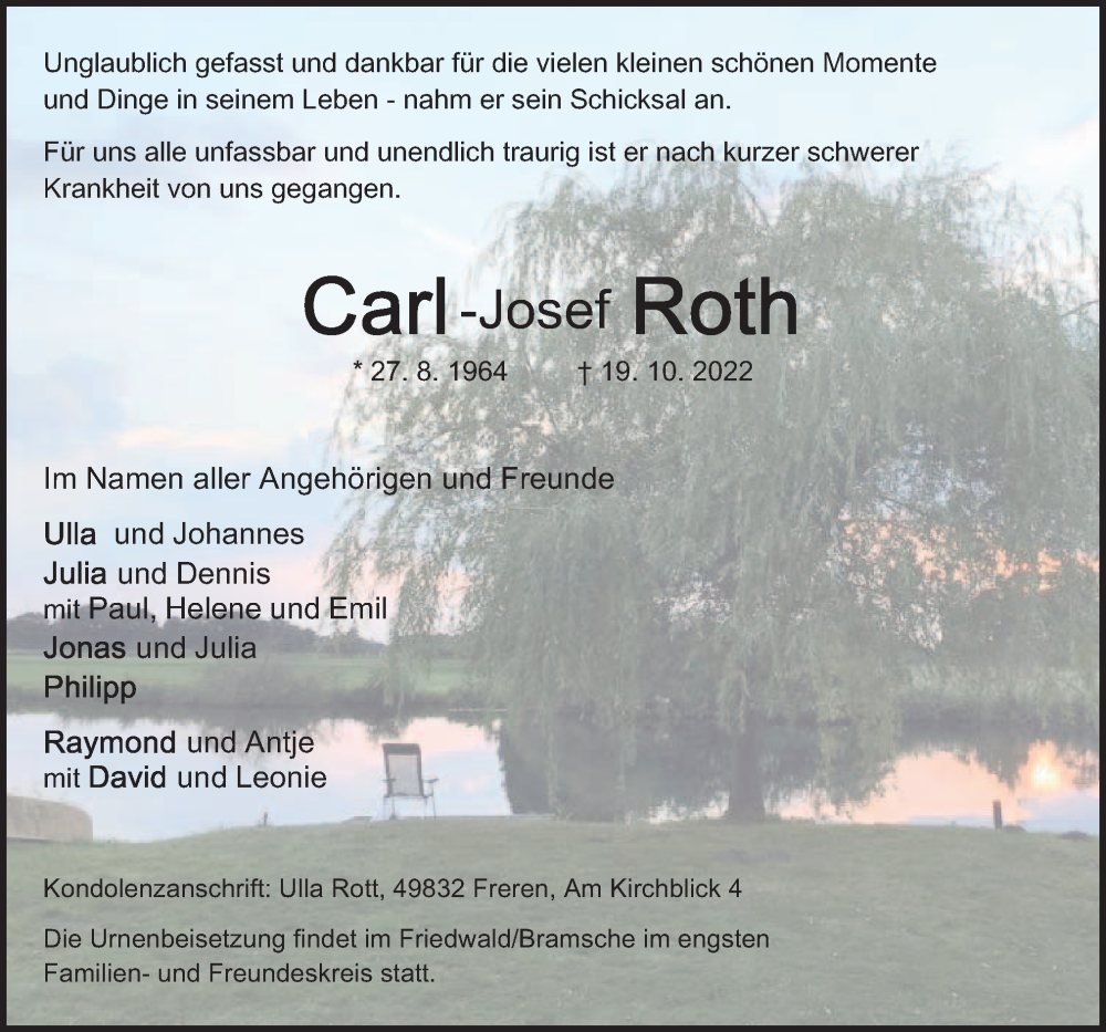  Traueranzeige für Carl-Josef Roth vom 22.10.2022 aus Neue Osnabrücker Zeitung GmbH & Co. KG