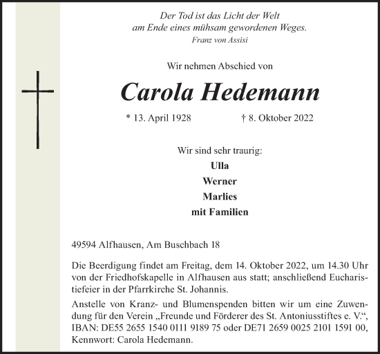 Traueranzeige von Carola Hedemann von Neue Osnabrücker Zeitung GmbH & Co. KG