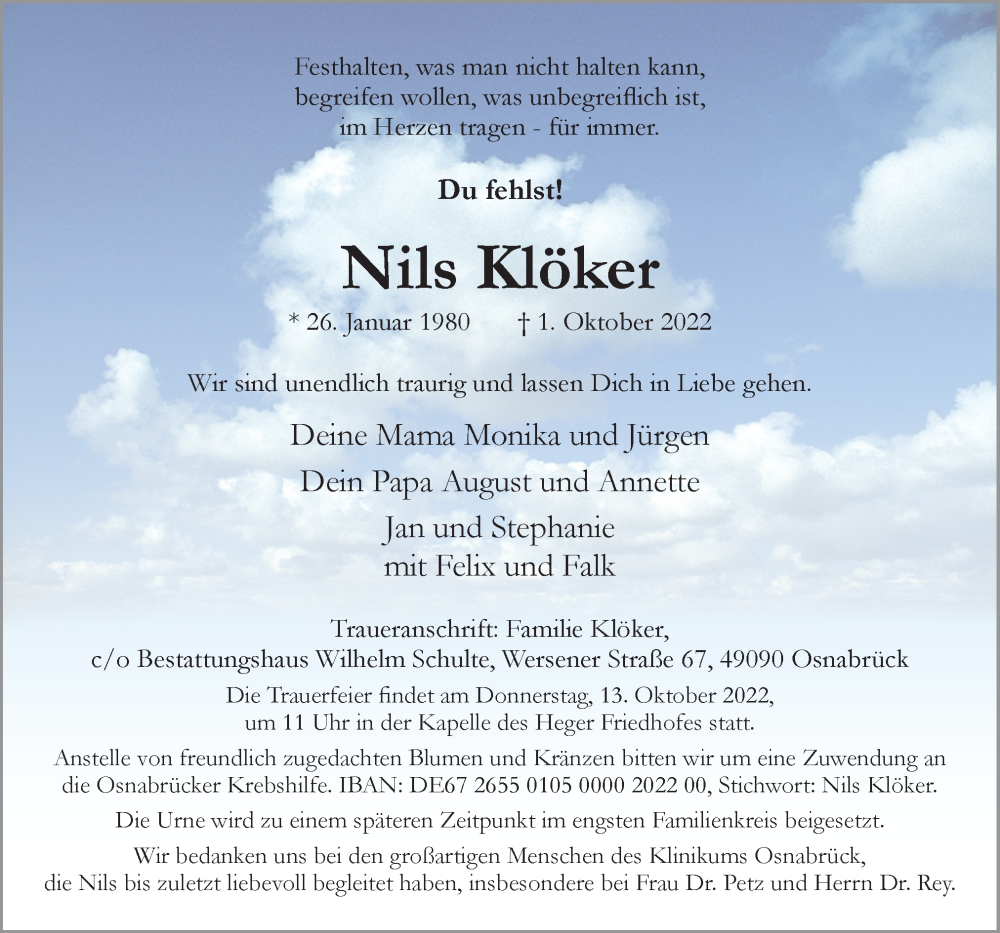  Traueranzeige für Nils Klöker vom 08.10.2022 aus Neue Osnabrücker Zeitung GmbH & Co. KG