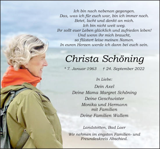 Traueranzeige von Christa Schöning von Neue Osnabrücker Zeitung GmbH & Co. KG