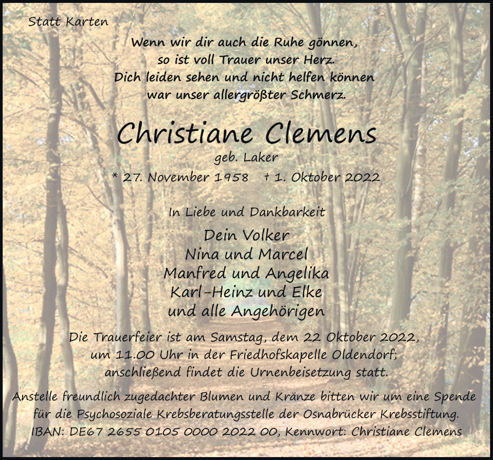  Traueranzeige für Christiane Clemens vom 08.10.2022 aus Neue Osnabrücker Zeitung GmbH & Co. KG