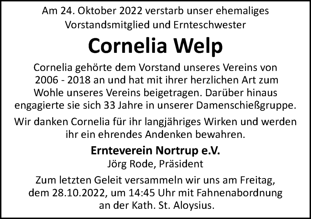  Traueranzeige für Cornelia Welp vom 27.10.2022 aus Neue Osnabrücker Zeitung GmbH & Co. KG