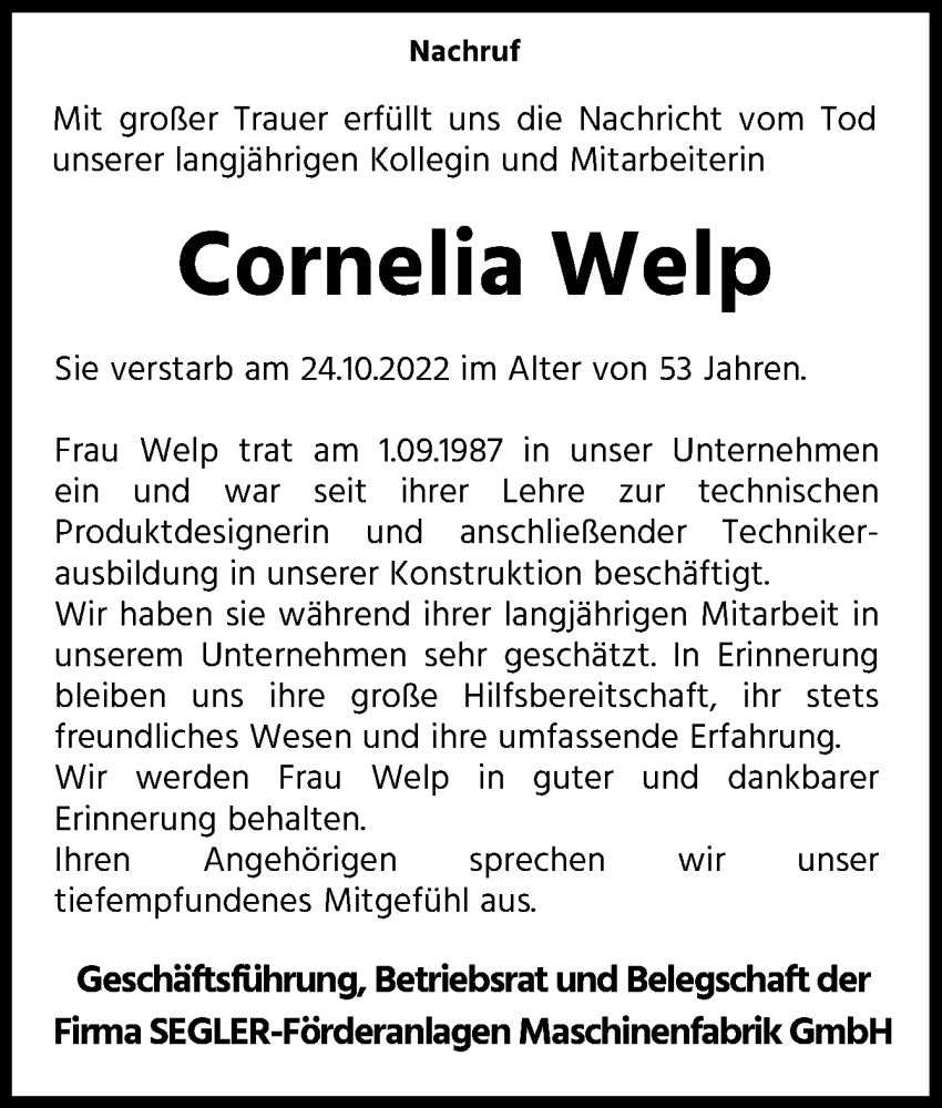  Traueranzeige für Cornelia Welp vom 29.10.2022 aus Neue Osnabrücker Zeitung GmbH & Co. KG