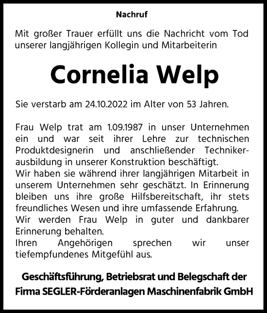 Traueranzeige von Cornelia Welp von Neue Osnabrücker Zeitung GmbH & Co. KG