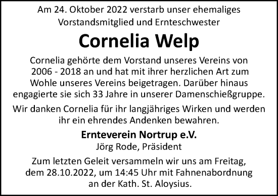 Traueranzeige von Cornelia Welp von Neue Osnabrücker Zeitung GmbH & Co. KG