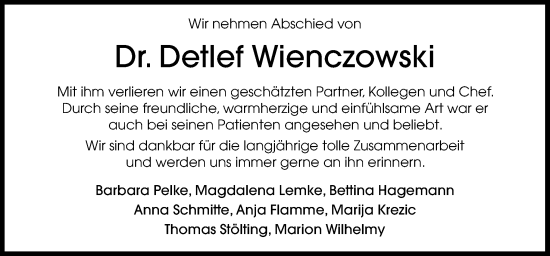 Traueranzeige von Detlef Wienczowski von Neue Osnabrücker Zeitung GmbH & Co. KG