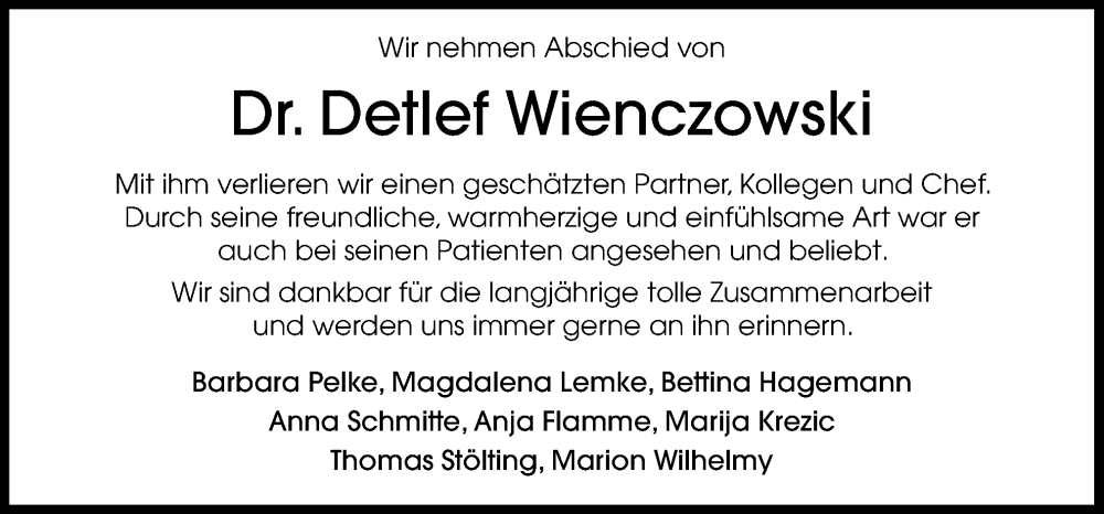  Traueranzeige für Detlef Wienczowski vom 08.10.2022 aus Neue Osnabrücker Zeitung GmbH & Co. KG