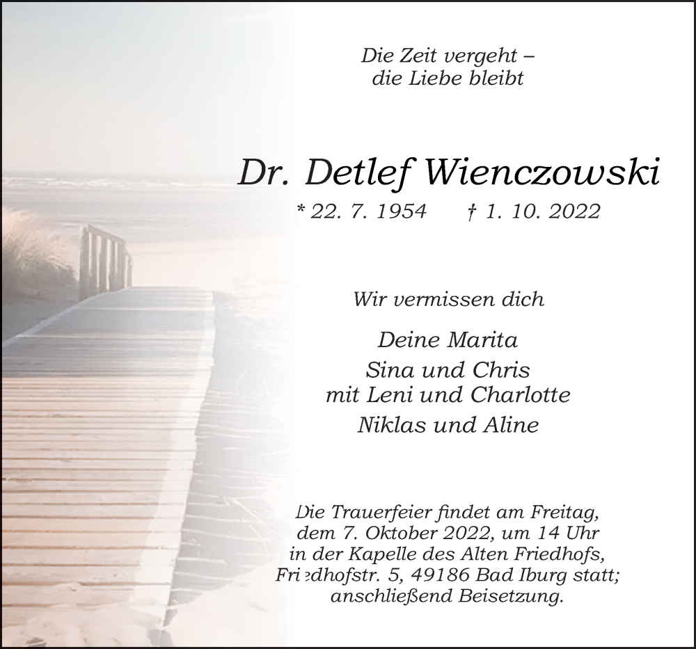  Traueranzeige für Detlef Wienczowski vom 05.10.2022 aus Neue Osnabrücker Zeitung GmbH & Co. KG