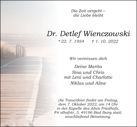 Traueranzeige von Detlef Wienczowski von Neue Osnabrücker Zeitung GmbH & Co. KG