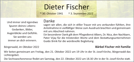 Traueranzeige von Dieter Fischer von Neue Osnabrücker Zeitung GmbH & Co. KG