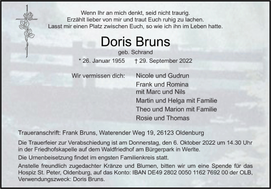 Traueranzeige von Doris Bruns von Neue Osnabrücker Zeitung GmbH & Co. KG