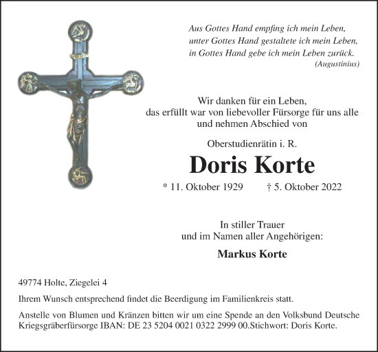 Traueranzeigen Von Doris Korte | Noz Trauerportal