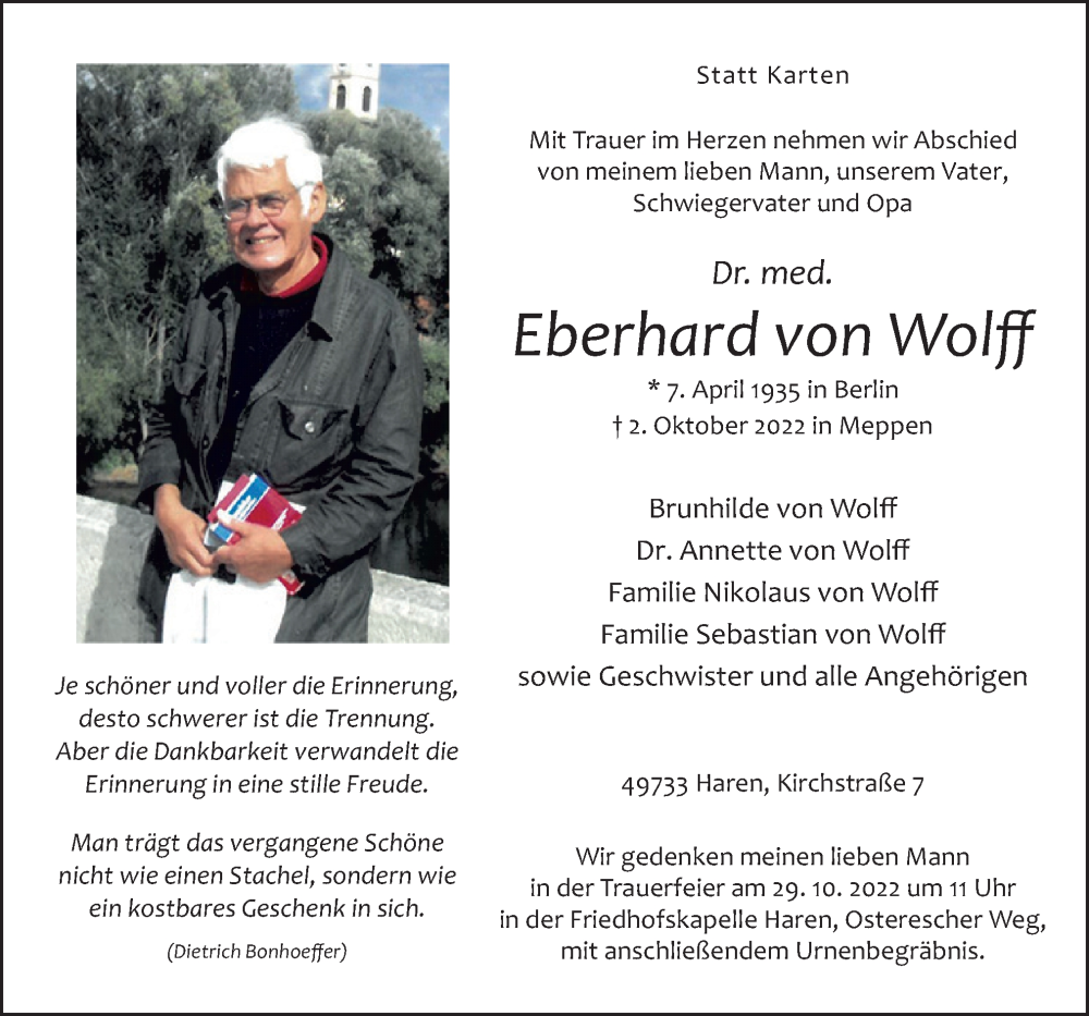  Traueranzeige für Eberhard von Wolff vom 27.10.2022 aus Neue Osnabrücker Zeitung GmbH & Co. KG