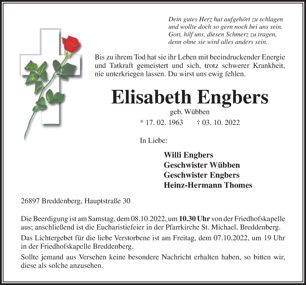  Traueranzeige für Elisabeth Engbers vom 06.10.2022 aus Neue Osnabrücker Zeitung GmbH & Co. KG