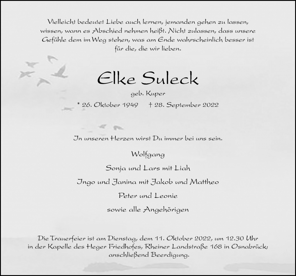  Traueranzeige für Elke Suleck vom 01.10.2022 aus Neue Osnabrücker Zeitung GmbH & Co. KG