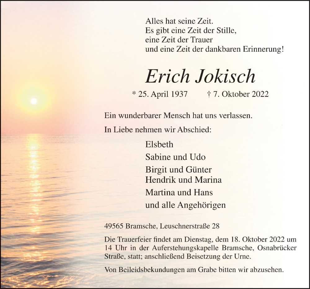  Traueranzeige für Erich Jokisch vom 12.10.2022 aus Neue Osnabrücker Zeitung GmbH & Co. KG