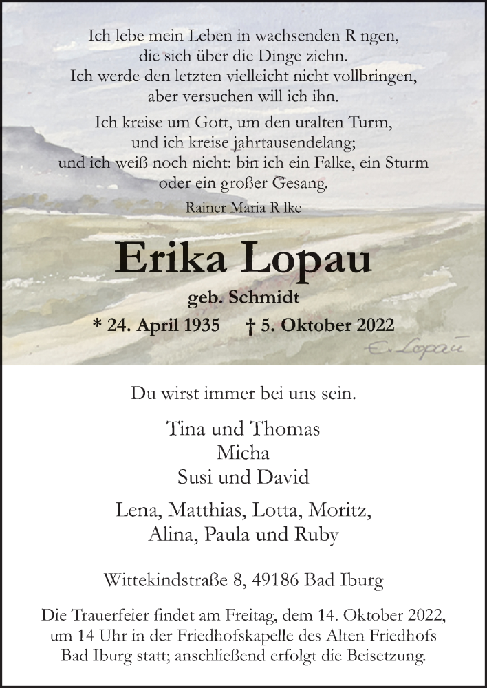  Traueranzeige für Erika Lopau vom 12.10.2022 aus Neue Osnabrücker Zeitung GmbH & Co. KG