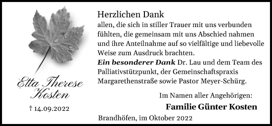 Traueranzeige von Etta Therese Kosten von DK Medien GmbH & Co. KG