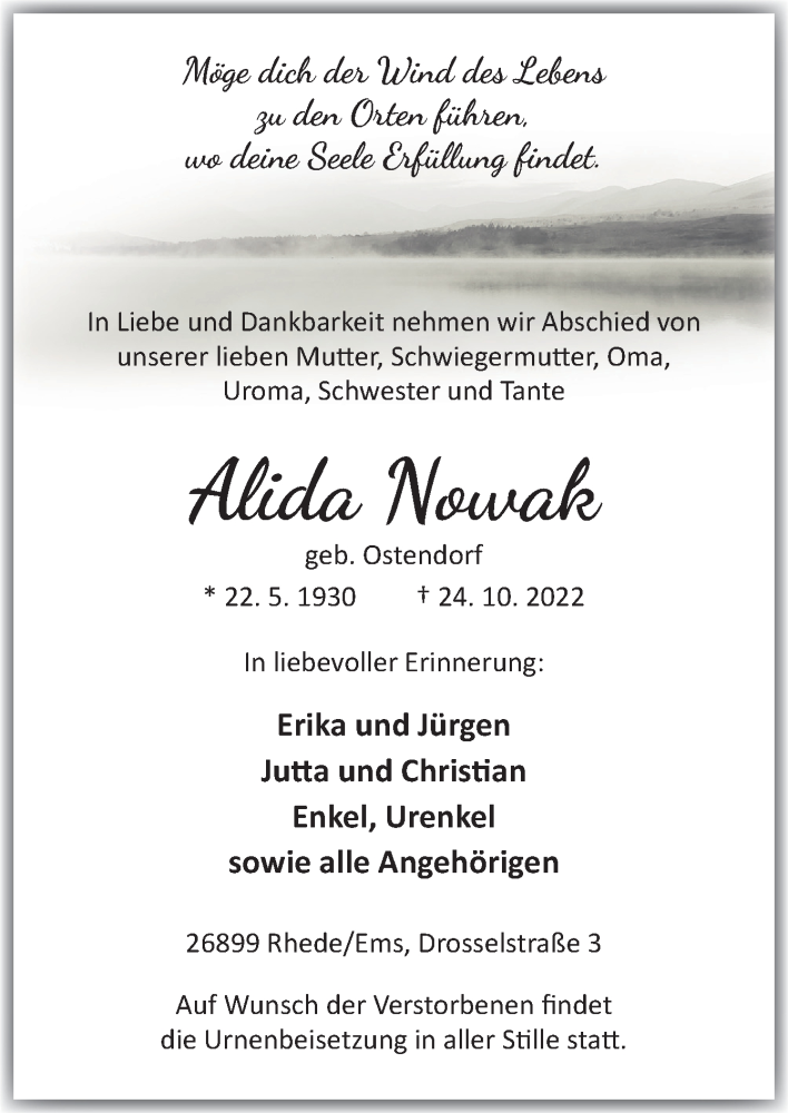  Traueranzeige für Alida Nowak vom 27.10.2022 aus Neue Osnabrücker Zeitung GmbH & Co. KG