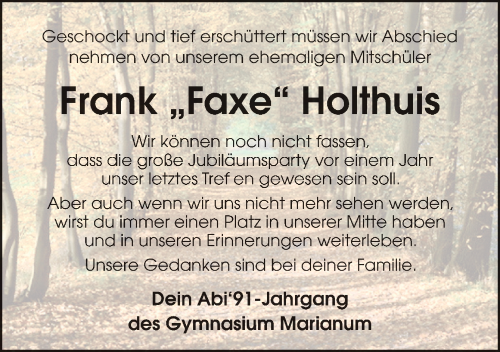  Traueranzeige für Frank Holthuis vom 06.10.2022 aus Neue Osnabrücker Zeitung GmbH & Co. KG