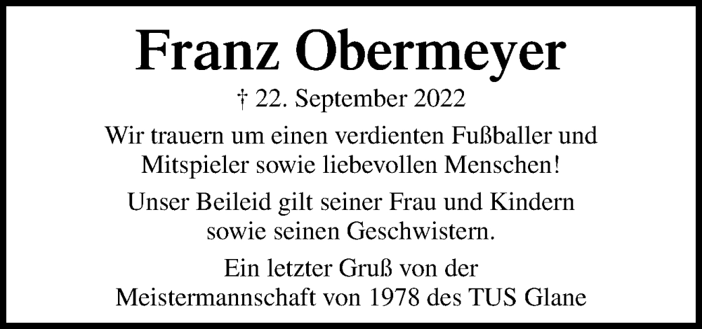  Traueranzeige für Franz Obermeyer vom 01.10.2022 aus Neue Osnabrücker Zeitung GmbH & Co. KG