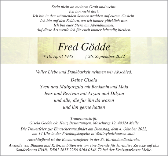 Traueranzeige von Fred Gödde von Neue Osnabrücker Zeitung GmbH & Co. KG