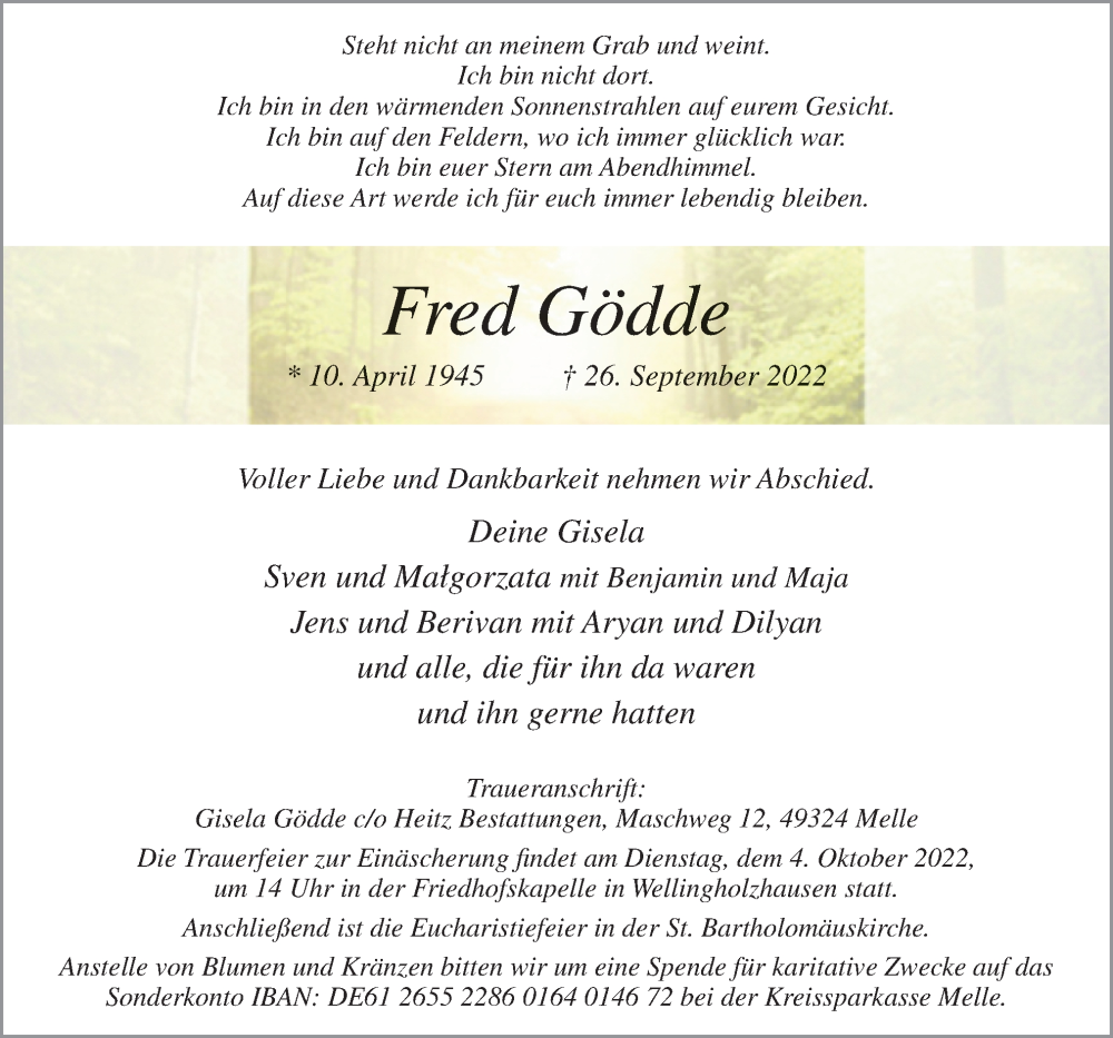  Traueranzeige für Fred Gödde vom 01.10.2022 aus Neue Osnabrücker Zeitung GmbH & Co. KG