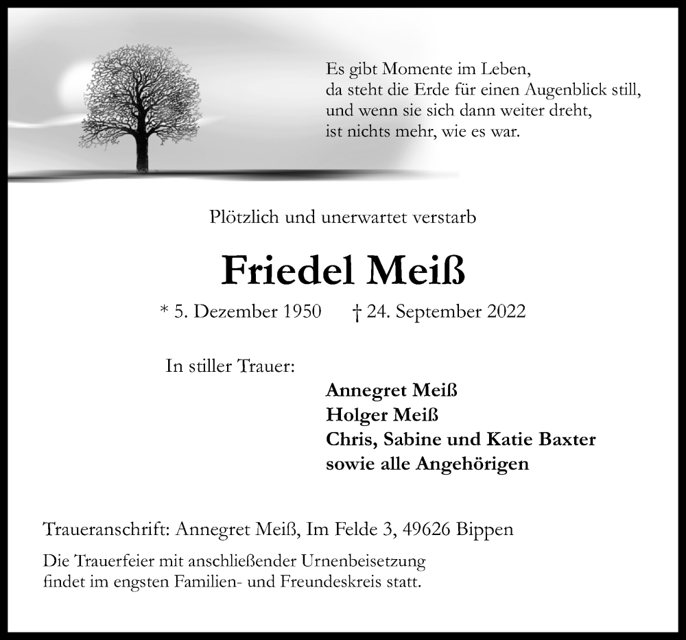  Traueranzeige für Friedel Meiß vom 01.10.2022 aus Neue Osnabrücker Zeitung GmbH & Co. KG