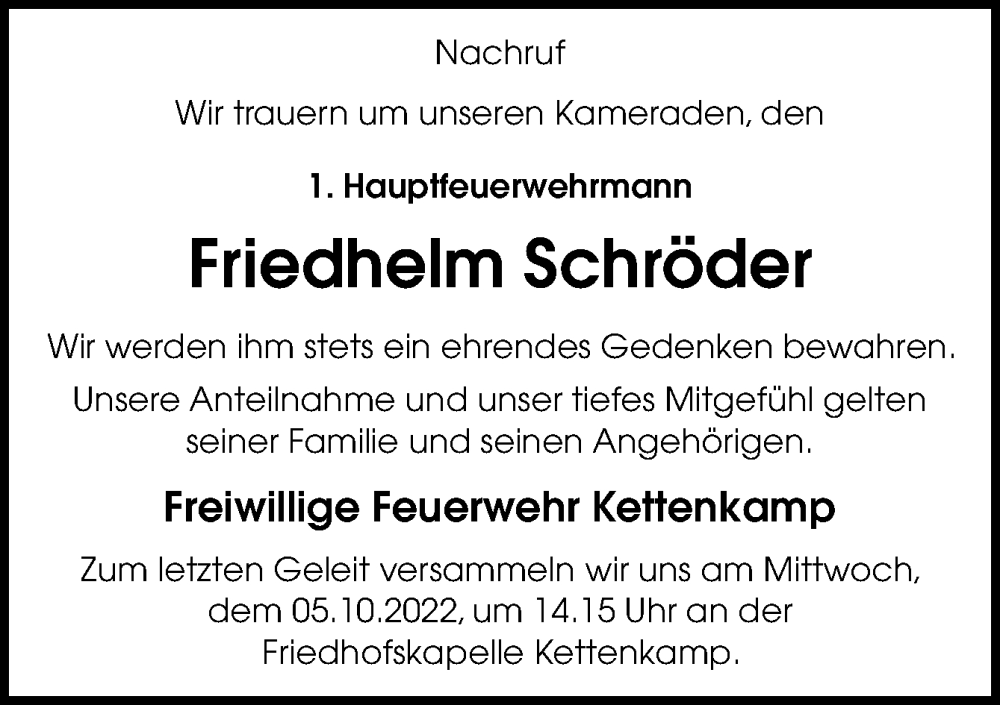  Traueranzeige für Friedhelm Schröder vom 04.10.2022 aus Neue Osnabrücker Zeitung GmbH & Co. KG