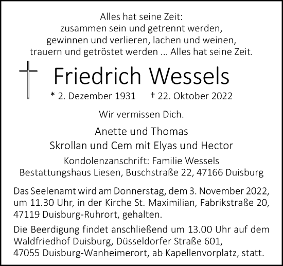 Traueranzeige von Friedrich Wessels von Neue Osnabrücker Zeitung GmbH & Co. KG