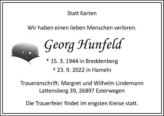 Traueranzeige von Georg Hunfeld von Neue Osnabrücker Zeitung GmbH & Co. KG