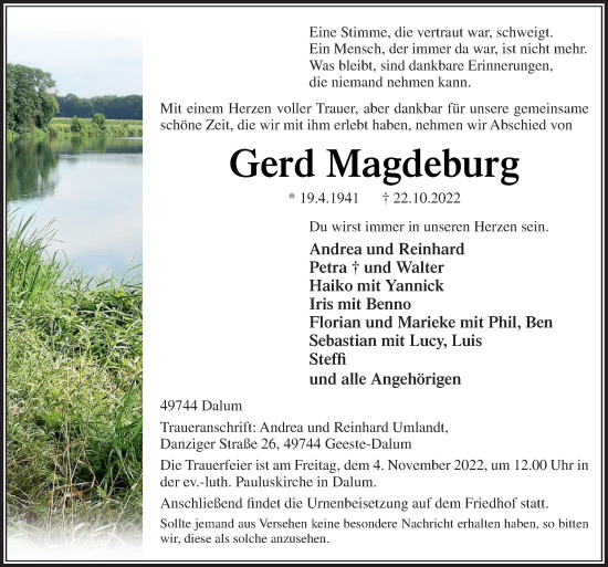 Traueranzeige von Gerd Magdeburg von Neue Osnabrücker Zeitung GmbH & Co. KG