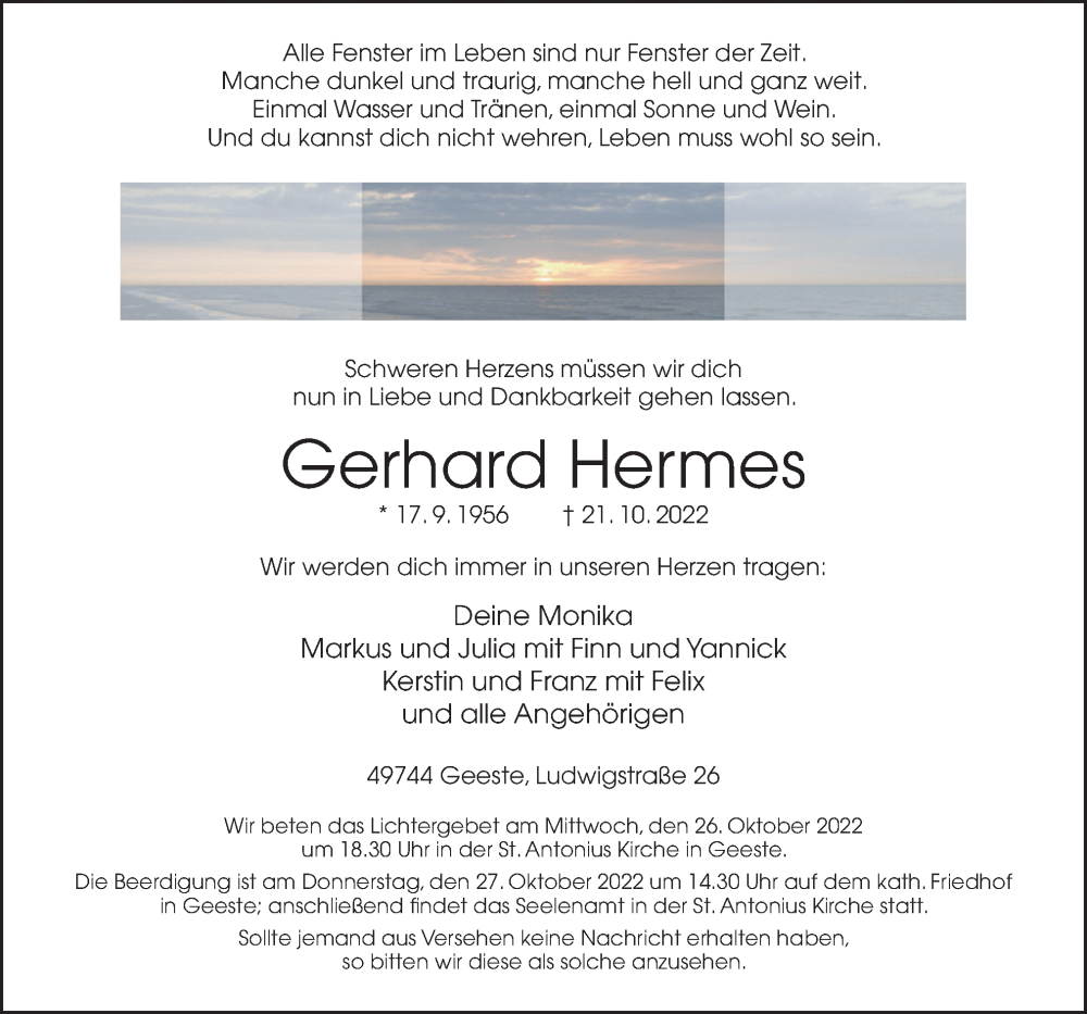  Traueranzeige für Gerhard Hermes vom 25.10.2022 aus Neue Osnabrücker Zeitung GmbH & Co. KG