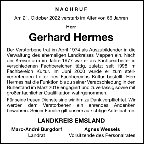 Traueranzeige von Gerhard Hermes von Neue Osnabrücker Zeitung GmbH & Co. KG