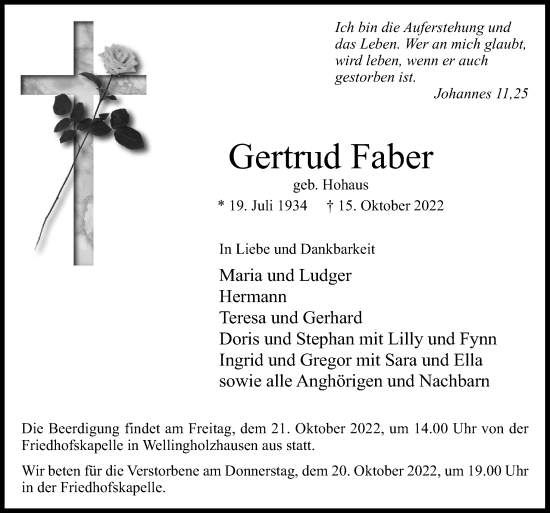 Traueranzeige von Gertrud Faber von Neue Osnabrücker Zeitung GmbH & Co. KG