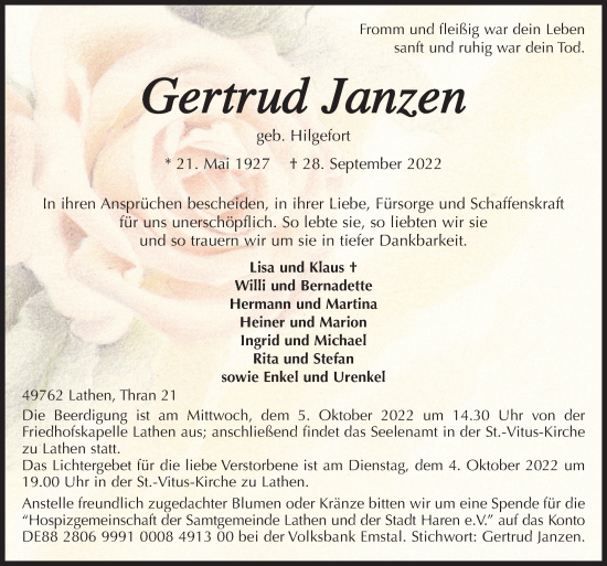 Traueranzeige von Gertrud Janzen von Neue Osnabrücker Zeitung GmbH & Co. KG